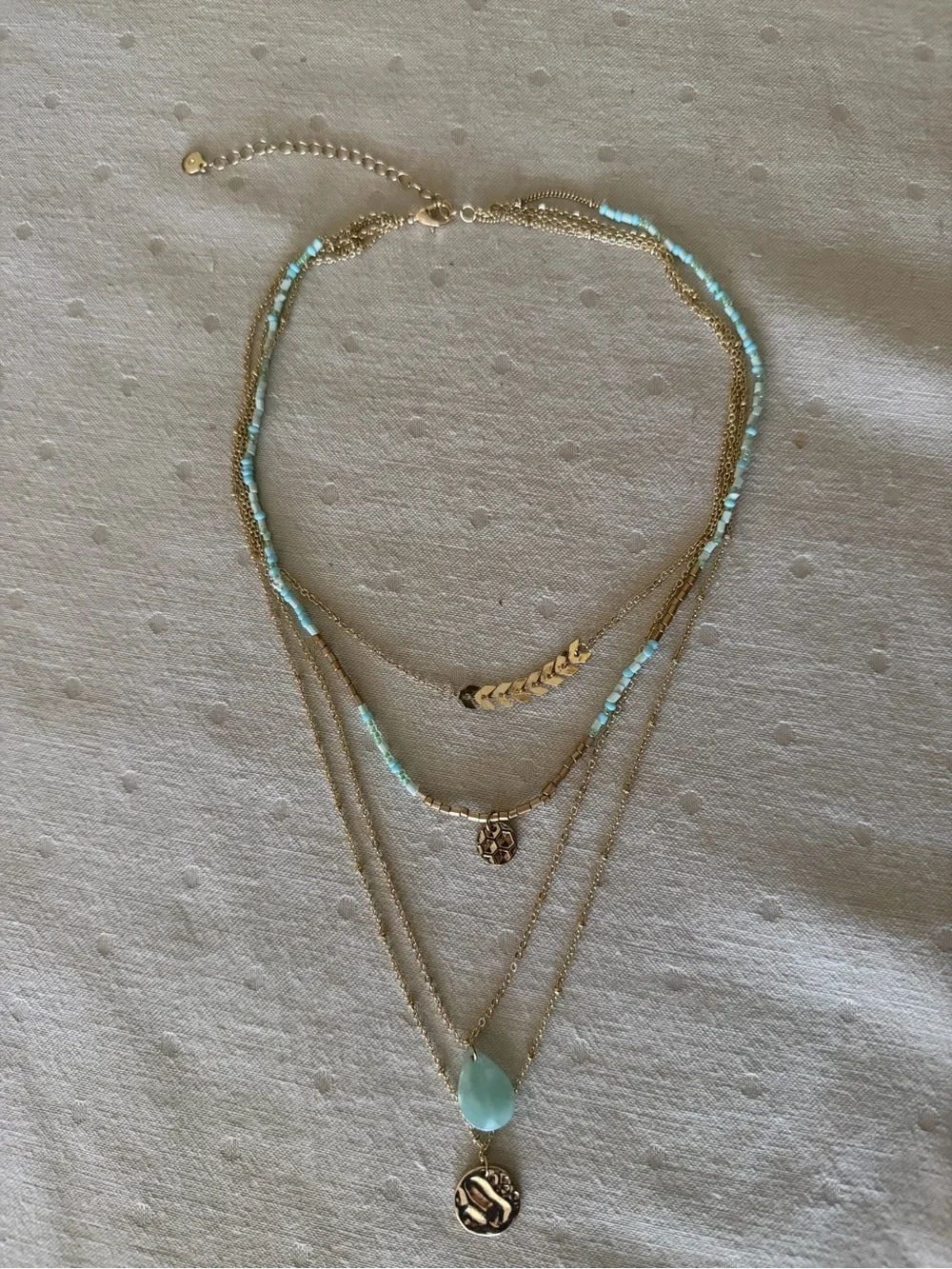 Layered Gold Necklace Set with Aqua Bead Accents